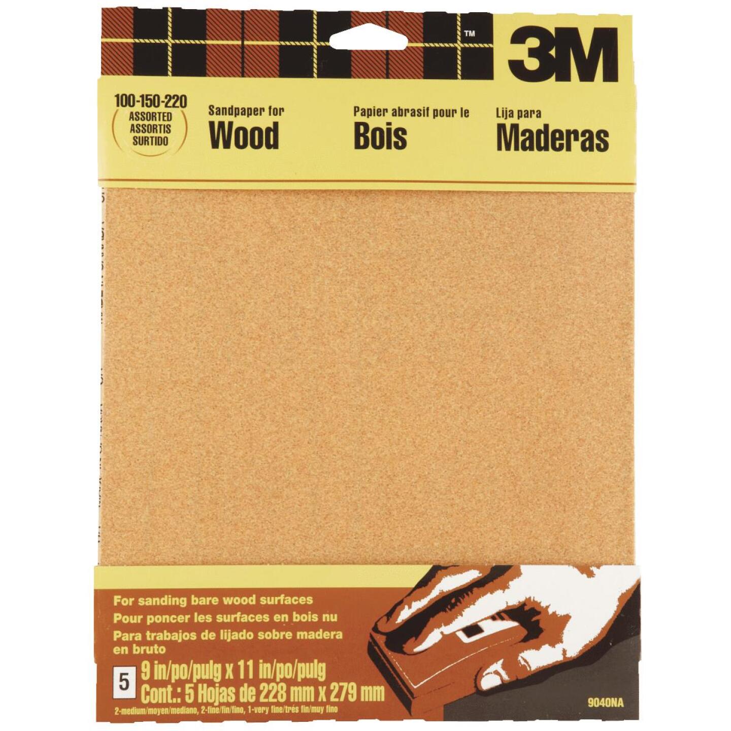 3M, 3M Bois nu 9 po. x 11 po. 220/150/100 Grit Assorted Grade Sandpaper (5-Pack)