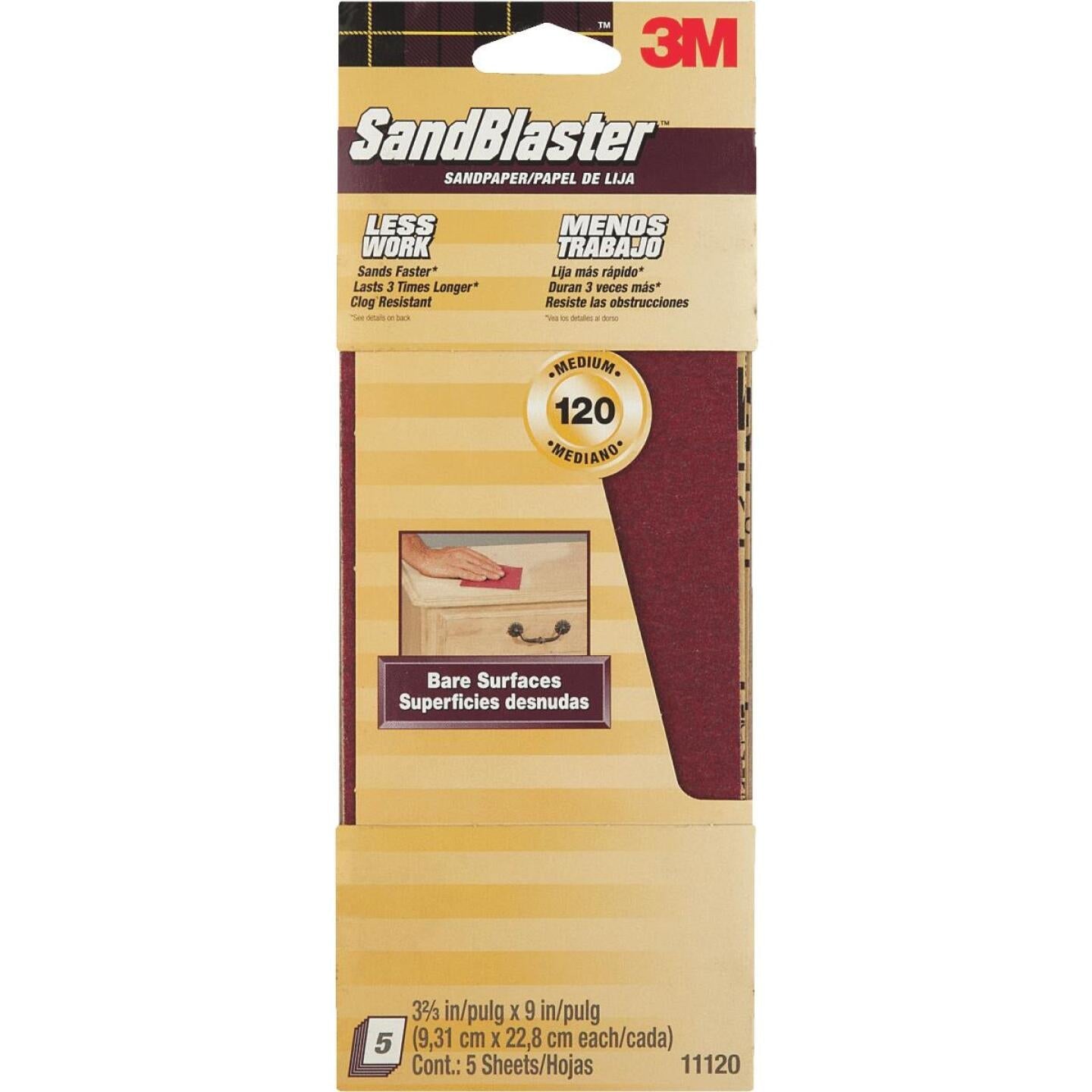 3M, 3M SandBlaster No Slip Grip Backing 3-2/3 In. x 9 In. 120 Grit Medium Sandpaper (5-Pack)