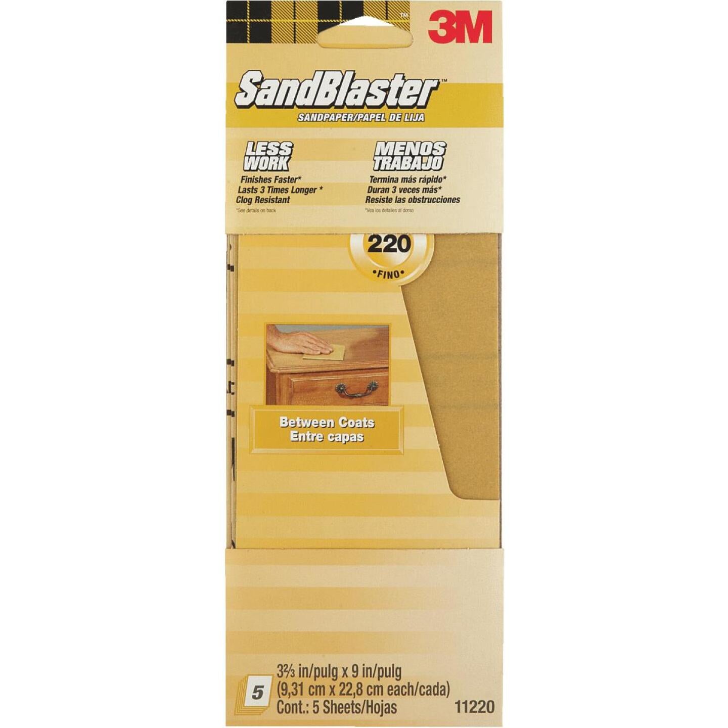 3M, 3M SandBlaster No Slip Grip Backing 3-2/3 In. x 9 po. 220 Grit papier de verre fin (5-Pack)