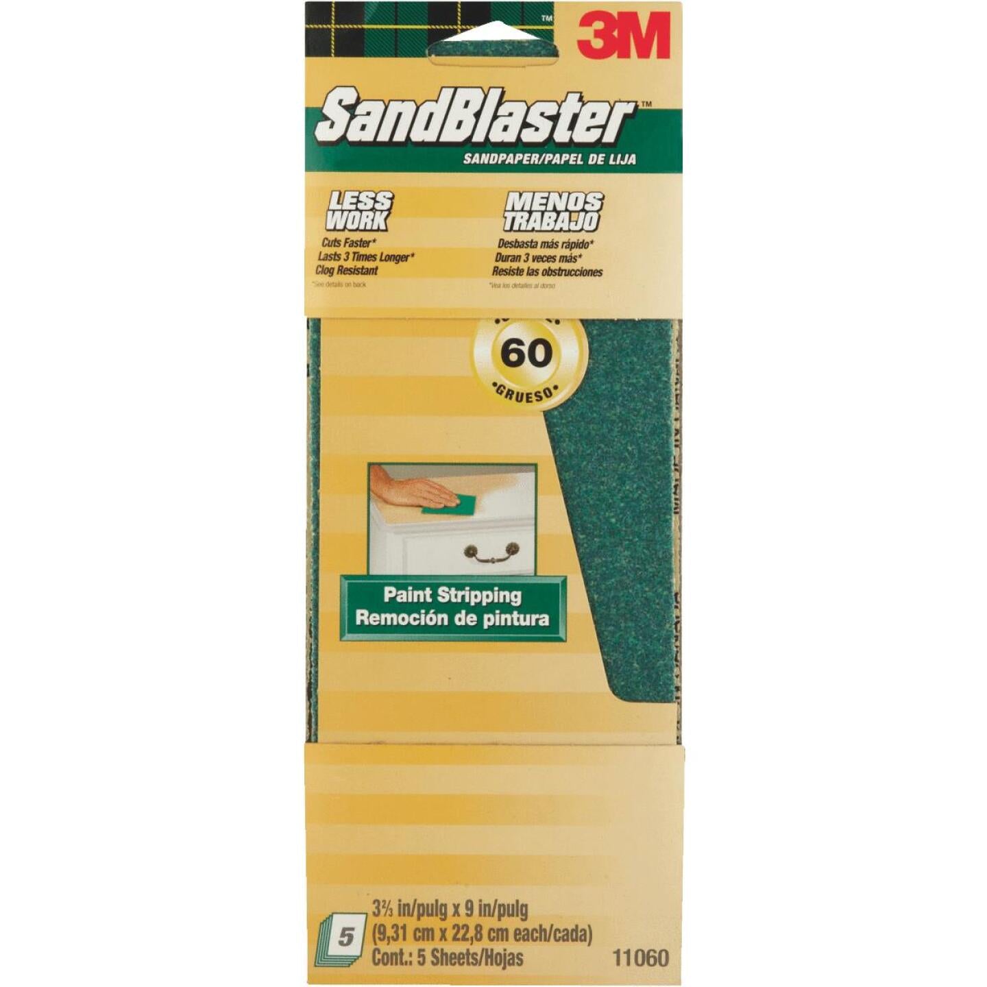 3M, 3M SandBlaster No Slip Grip Backing 3-2/3 In. x 9 po. 60 Grit Coarse Sandpaper (5-Pack)