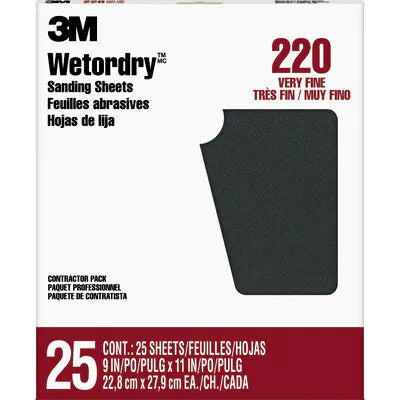 3M, 3M™ Wetordry™ Feuilles abrasives 99422NA, 9 in x 11 in, grain 220, 25 feuilles/pqt, 10 pks/cs.