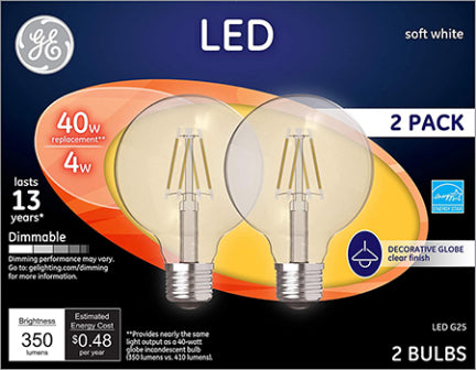 General Electric, 4W GLOBE G25 MED 40W LED SOFT WH CLEAR