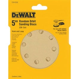 Dewalt, 5-Pk, 5-In. Papier de verre à orbite aléatoire à crochets et boucles de 220 grains à 8 trous