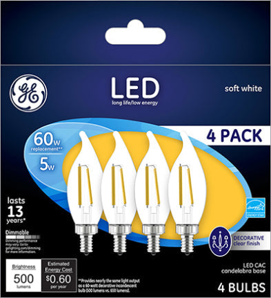 General Electric, 5W CANDELABRA 60W SW LED CLR 4PK