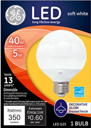 General Electric, 5W G25 Med LED Frosted Globe 40W Eq