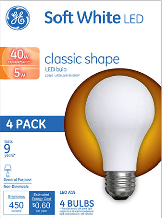 General Electric, 5W Med A19 LED SW GLASS 40W Eq. 4 pk NON