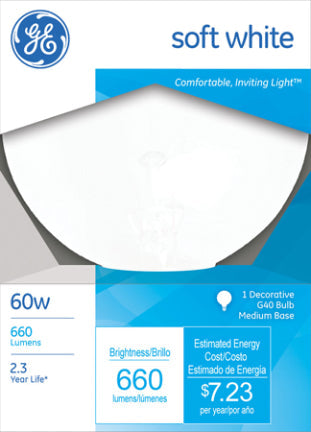 General Electric, 60W G40 Med Soft White Globe