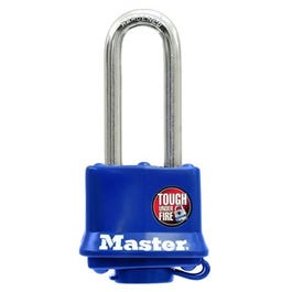 Master Lock, Cadenas laminé à clé de 1-1/2 po, couverture bleue résistante aux intempéries, manille de 2 po. Long Shackle