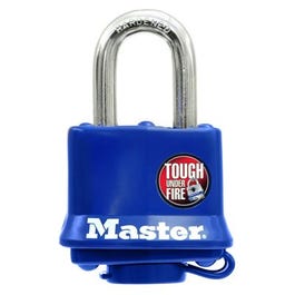 Master Lock, Cadenas laminé à clé de 1 1/2 po, couverture bleue résistante aux intempéries